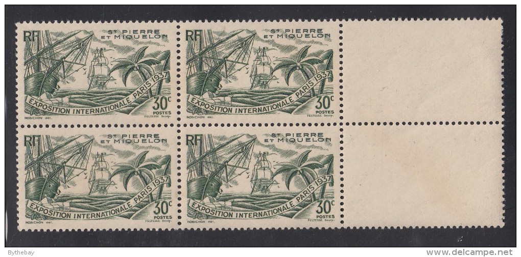St Pierre Et Miquelon 1937 MNH Sc 166 30c Sailing Ships Paris Int'l Exposition Center Tabs Block - Unused Stamps