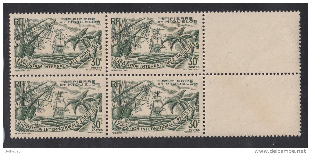 St Pierre Et Miquelon 1937 MNH Sc 166 30c Sailing Ships Paris Int'l Exposition Center Tabs Block - Neufs