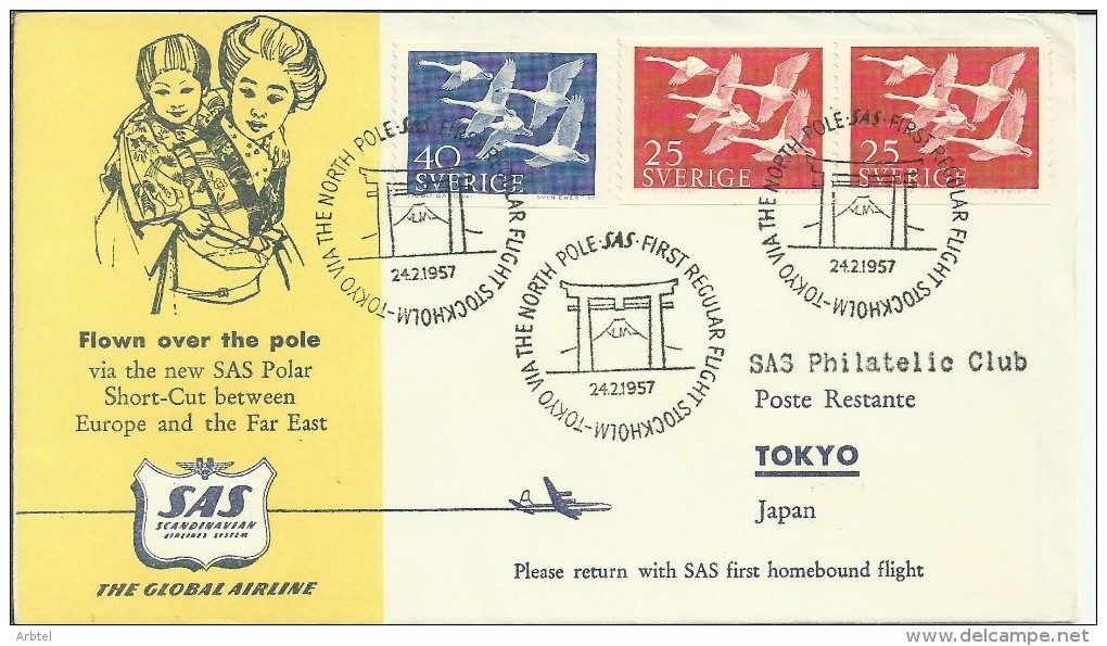 SUECIA CC PRIMER VUELO VIA POLO NORTE STOCKHOLM TOKYO AL DORSO MAT LLEGADA - Polar Flights