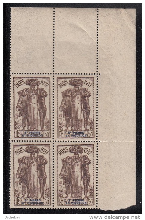 St Pierre Et Miquelon 1937 MNH Sc 168 50c Paris International Exposition UR Corner Block - Neufs