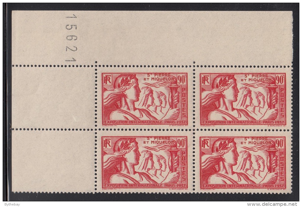 St Pierre Et Miquelon 1937 MNH Sc 169 90c Paris International Exposition UL Corner Block - Neufs