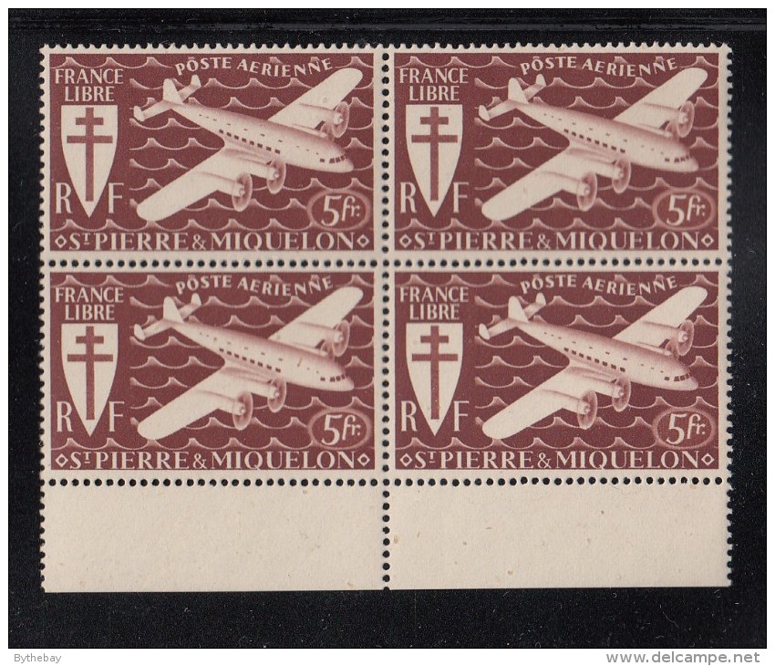 St Pierre Et Miquelon 1942 MNH Sc C3 Margin Block Of 4 5fr Airplane, Brown Red - Ungebraucht