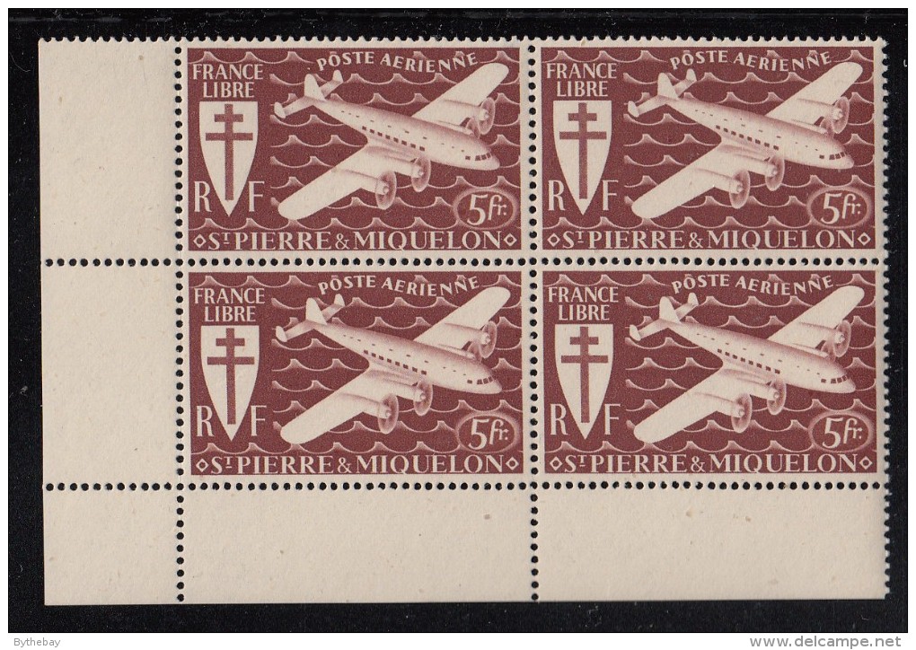 St Pierre Et Miquelon 1942 MNH Sc C3 Corner Block Of 4 5fr Airplane, Brown Red - Neufs