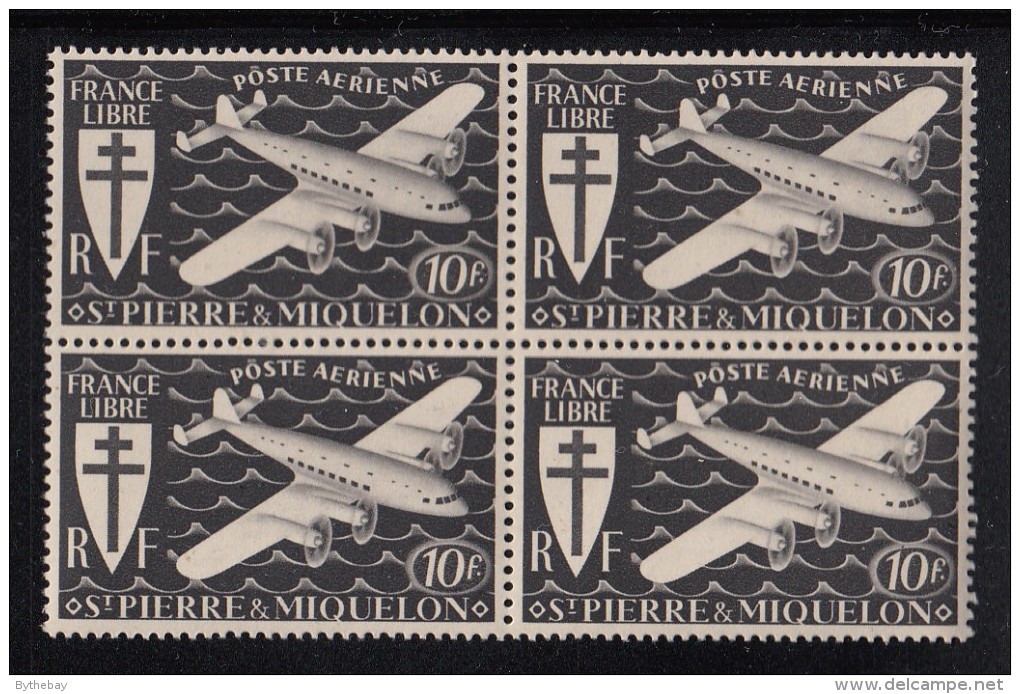 St Pierre Et Miquelon 1942 MNH Sc C4 Block Of 4 10fr Airplane, Black - Unused Stamps