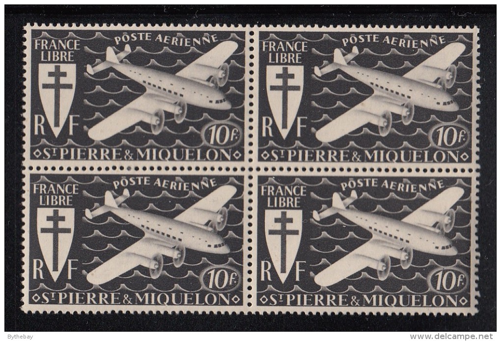 St Pierre Et Miquelon 1942 MNH Sc C4 Block Of 4 10fr Airplane, Black - Ongebruikt