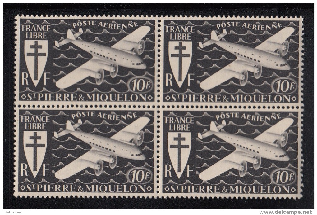 St Pierre Et Miquelon 1942 MNH Sc C4 Block Of 4 10fr Airplane, Black - Neufs