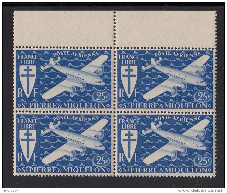 St Pierre Et Miquelon 1942 MNH Sc C5 Margin Block Of 4 25fr Airplane, Ultramarine - Nuevos