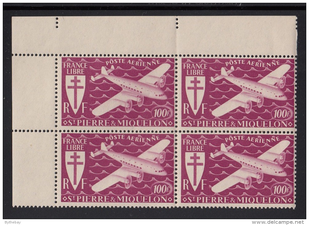 St Pierre Et Miquelon 1942 MNH Sc C7 Corner Block Of 4 100fr Airplane, Plum - Ungebraucht