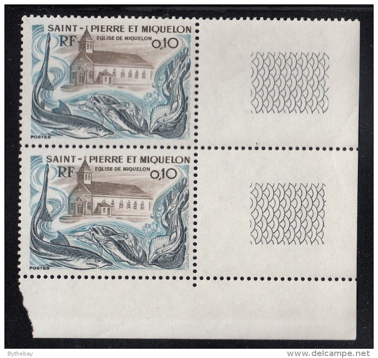 St Pierre Et Miquelon 1975 MNH Sc 437 Margin Pair 10c Church Of Miquelon, Fish - Ungebraucht