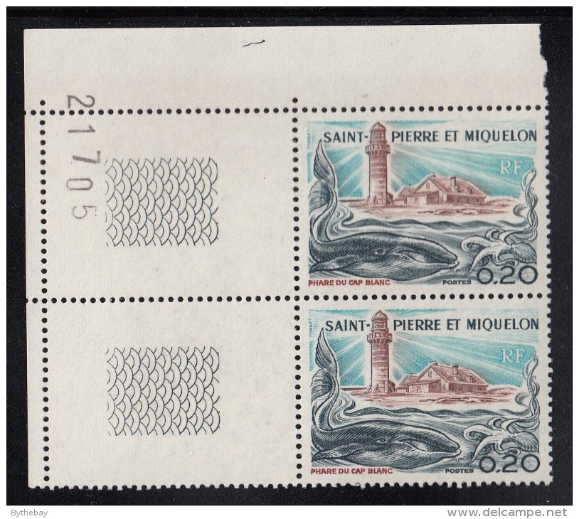 St Pierre Et Miquelon 1976 MNH Sc 445 Margin Pair 20c Cap Blanc Lighthouse, Whale, Squid - Unused Stamps