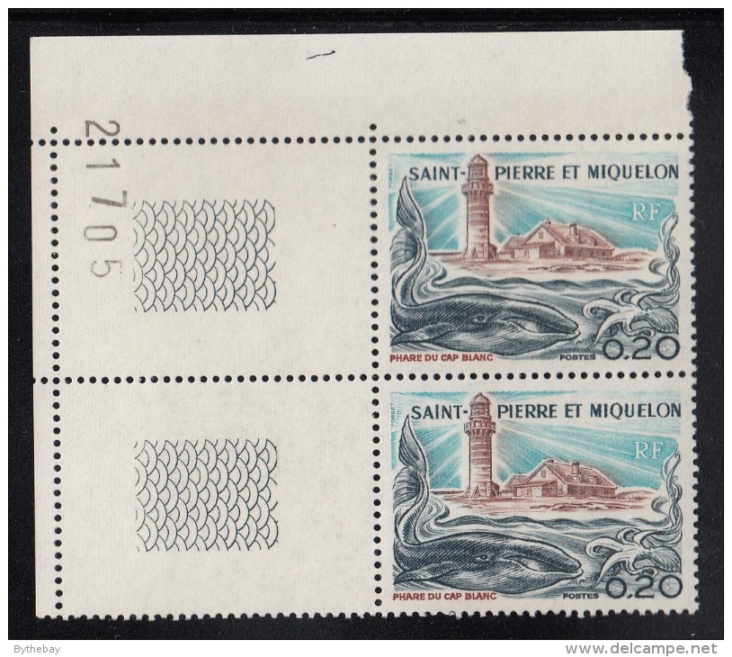 St Pierre Et Miquelon 1976 MNH Sc 445 Margin Pair 20c Cap Blanc Lighthouse, Whale, Squid - Neufs