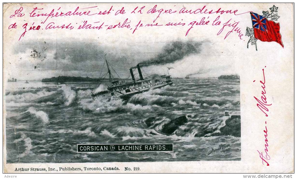 CORSICAN IN LACHINE RAPIDS, Orig.Schiffskarte Aus Canada Gelaufen 1902 Von Montreal Nach Paris, Verlag Arthur Strauss - Montreal