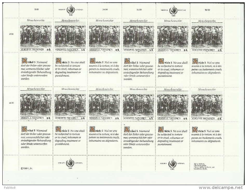 UNITED NATIONS AUSTRIA VIENNA WIEN - ONU - UN - UNO 1989 HUMAN RIGHTS SHEET BLOCK BLOCCO FOGLIETTO MNH - Blocs-feuillets