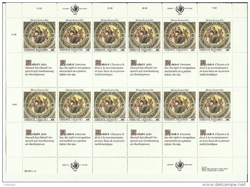 UNITED NATIONS AUSTRIA VIENNA WIEN - ONU - UN - UNO 1989 HUMAN RIGHTS SHEET BLOCK BLOCCO FOGLIETTO MNH - Blocs-feuillets