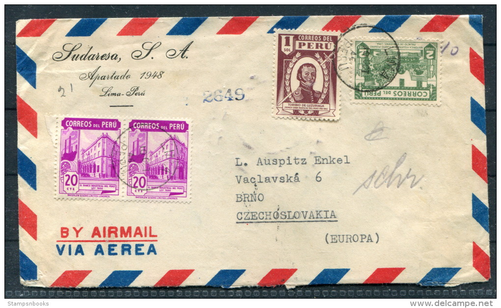 1946 Peru Lima Airmail Cover - Brno Czechoslovakia Washington Miami USA Praha - Peru