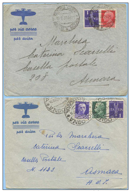 1939-40 AEREA 2 BUSTE DIVERSE AFFRANCATURE IN TARIFFA A.O.I. LETTERA 1° (L.1,75) – INTERESSANTI (A269) - Africa Orientale