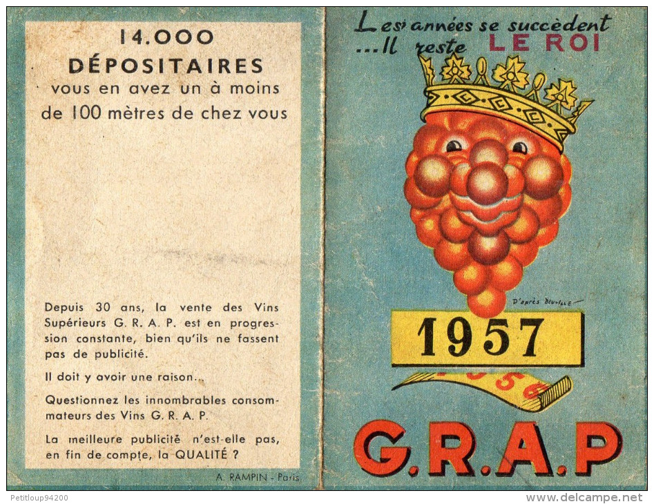 CALENDRIER  VINS GRAP  1957  C - Petit Format : 1941-60