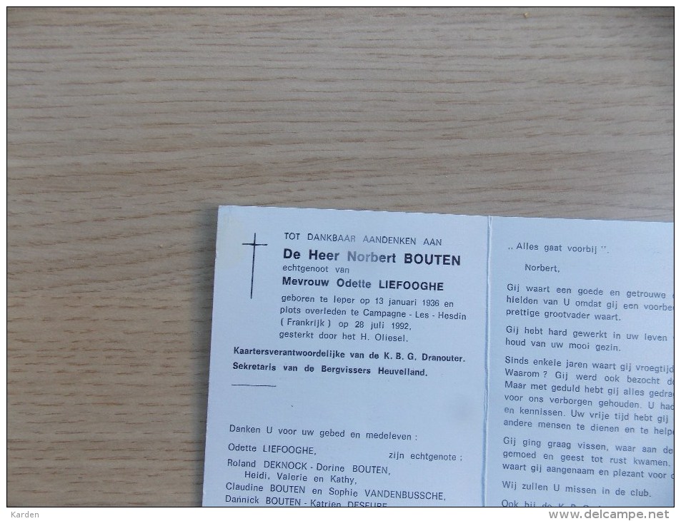 Doodsprentje Norbert Bouten Ieper 13/1/1936 Campagne Les Hesdin (FR) 28/7/1992 ( Odette Liefooghe ) - Religione & Esoterismo