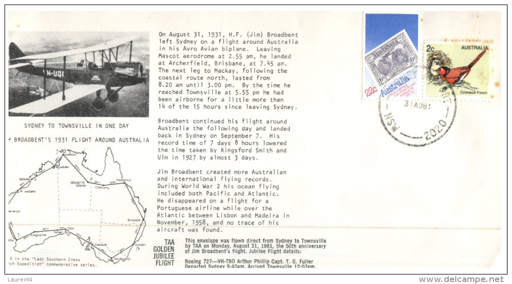 (PH 528) Australia Aviation Cover - Envelope - 1981 - Sydney To Townsville Flight Anniversary - First Flight Covers