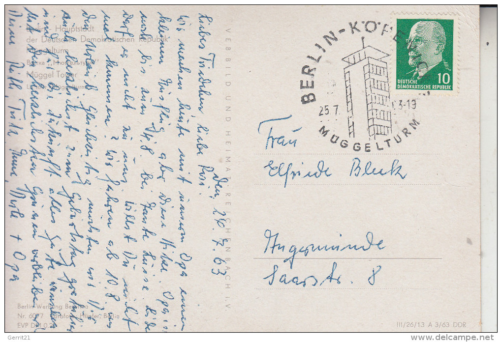 1000 BERLIN - KÖPENICK, Müggelturm, 1963, Sonderstempel Müggelturm - Köpenick