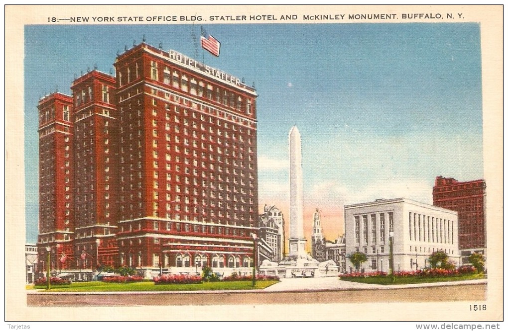 POSTAL DE NEW YORK STATE OFFICE BLOG. STATLER HOTEL AND McKINLEY MONUMENT BUFFALO - Other Monuments & Buildings