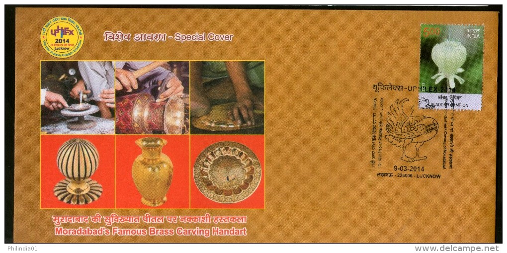 India 2014 Famous Brass Carving Hand Art Moradabad Pottery Handicraft Peacock Special Cover + Broucher #7148 Inde Indien - Grabados