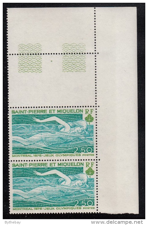 St Pierre Et Miquelon 1976 MNH Sc 49 Margin Pair 2.50fr Woman Swimmer, Maple Leaf - 1976 Summer Olympics - Unused Stamps