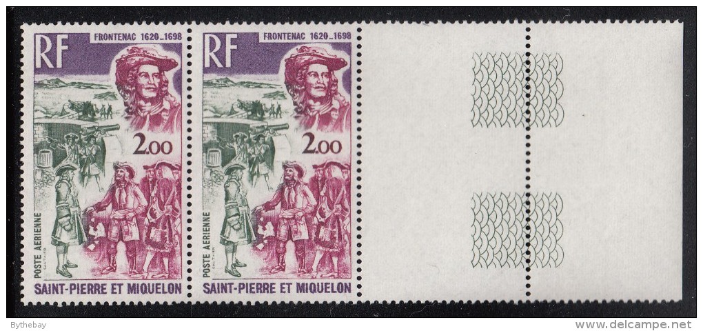St Pierre Et Miquelon 1973 MNH Sc C52 Margin Pair 2fr Frontenac - Explorers - Unused Stamps