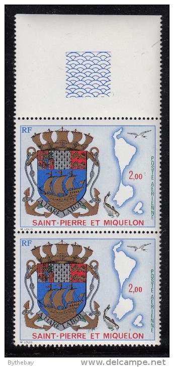 St Pierre Et Miquelon 1974 MNH Sc C55 Margin Pair 2fr Arms, Map Of Islands, Fish, Bird - Neufs