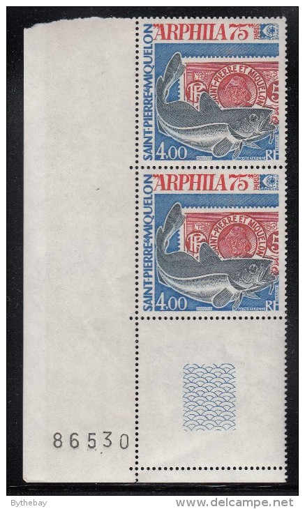 St Pierre Et Miquelon 1975 MNH Sc C57 Margin Pair 4fr Stamp Of 1909, Codfish, ARPHILA Emblem - ARPHILA 75 - Nuevos