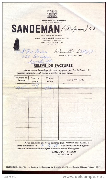 Factuur Facture Brief Lettre  - Porto Sandeman Bruxelles 1958 - 1950 - ...