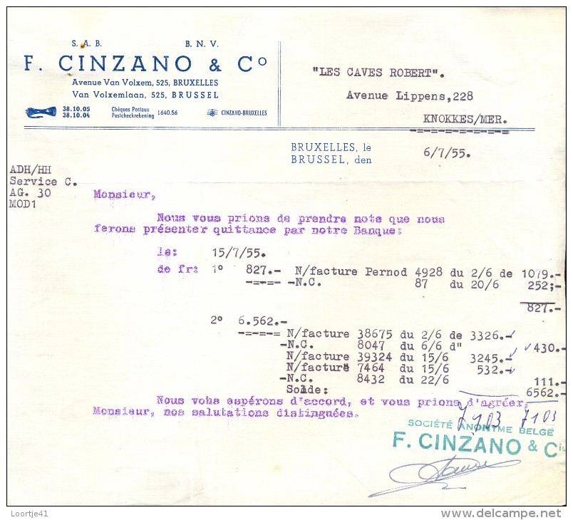 Factuur Facture Brief Lettre  - CINZANO Bruxelles 1955 - Alimentaire