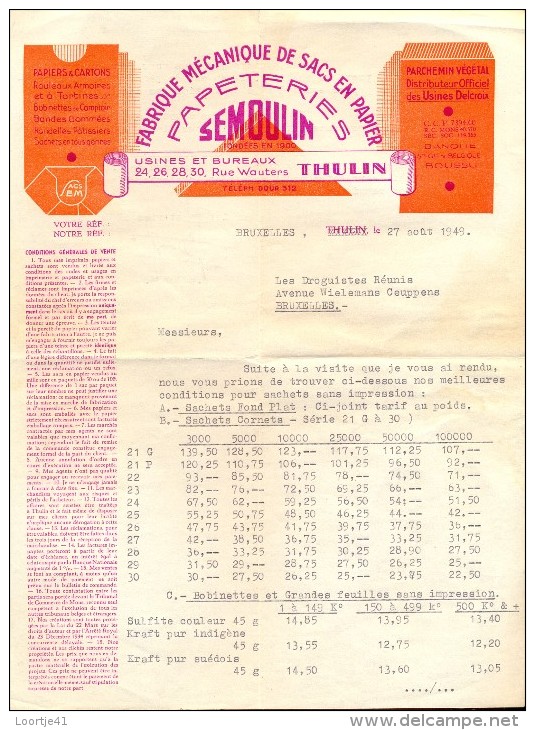 Factuur Facture Brief Lettre  - Papeteries Semoulin - Thulin - Bruxelles 1949 - Druck & Papierwaren