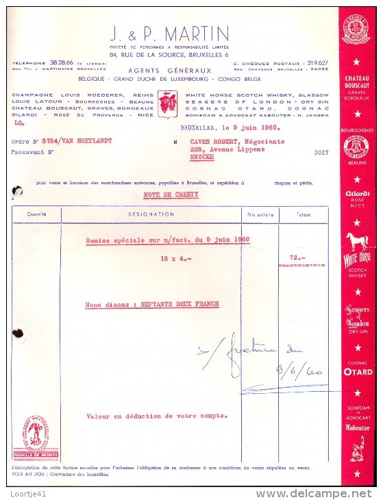 Factuur Facture Brief Lettre  - Vins Wijn J & P. Martin - Bruxelles 1960 - Alimentos