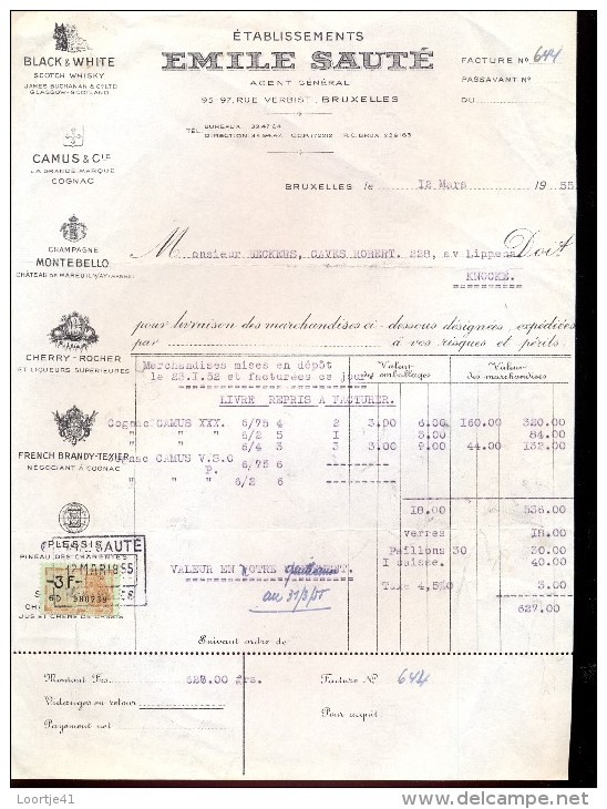 Factuur Facture Brief Lettre  - Vins Wijn Emile Sauté - Bruxelles 1955 - Levensmiddelen