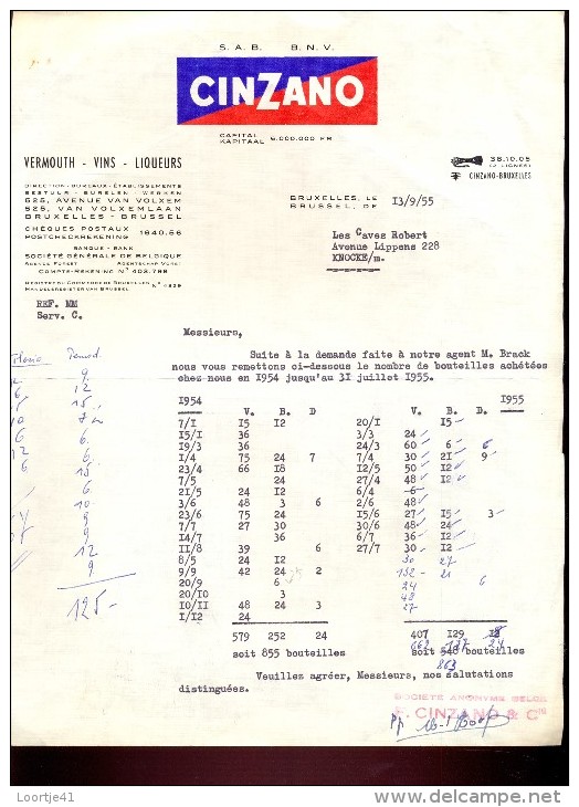 Factuur Facture Brief Lettre  - Vins Wijn Cinzano - Bruxelles 1955 - Lebensmittel