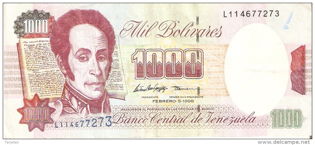 BILLETE DE VENEZUELA DE 1000 BOLIVARES DE FEBRERO DEL 1998 (BANKNOTE) - Venezuela