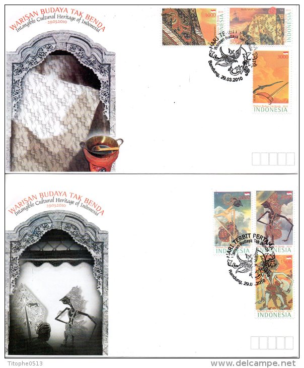 INDONESIE. N°2457-62 De 2010 Sur 2 Enveloppes 1er Jour (FDC´s). Marionnettes/Patrimoine Mondial Unesco/Batik/Théâtre. - Marionnettes