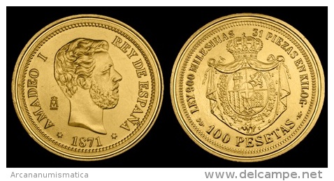 AMADEO I   100 PESETAS 1.871  ORO MADRID  SC/UNC  Réplica    T-DL-10.847 - Ensayos & Reacuñaciones