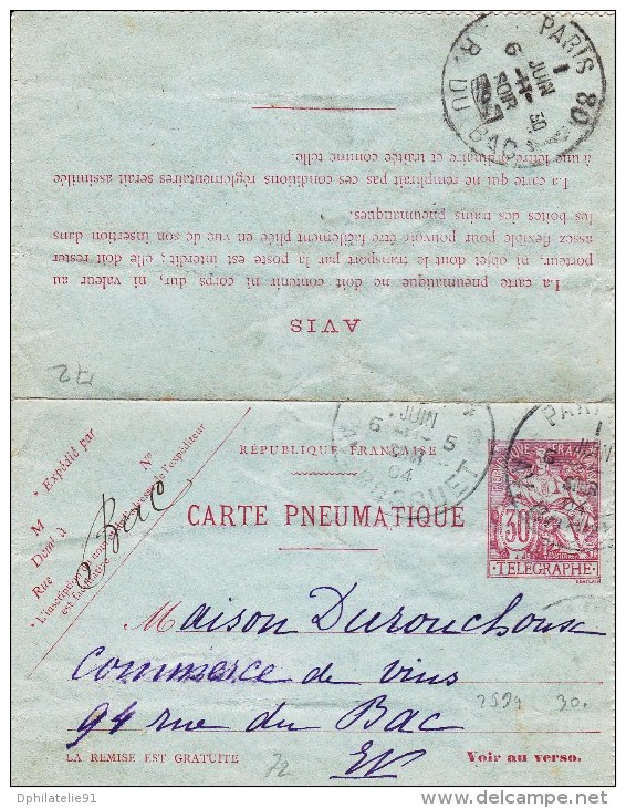 Carte Pneumatique CHAPLAIN 30 Cts (rue Du Bac - Paris) (voir Scan) - Neumáticos