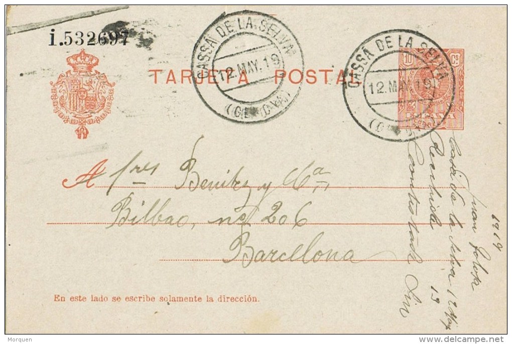 7870. Entero Postal CASSA De La SELVA (Gerona) 1919 - 1850-1931