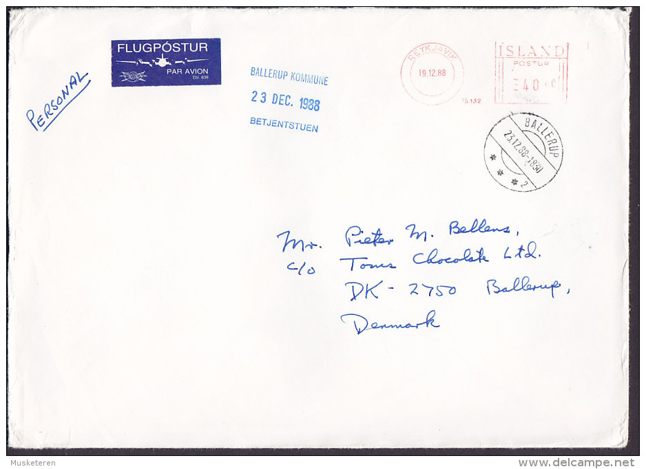 Iceland FLUGPÓSTUR Par Avion Label REYKJAVIK 1988 Meter Stamp Cover Brief To BALLERUP (Arrival Cds.) Denmark - Luchtpost