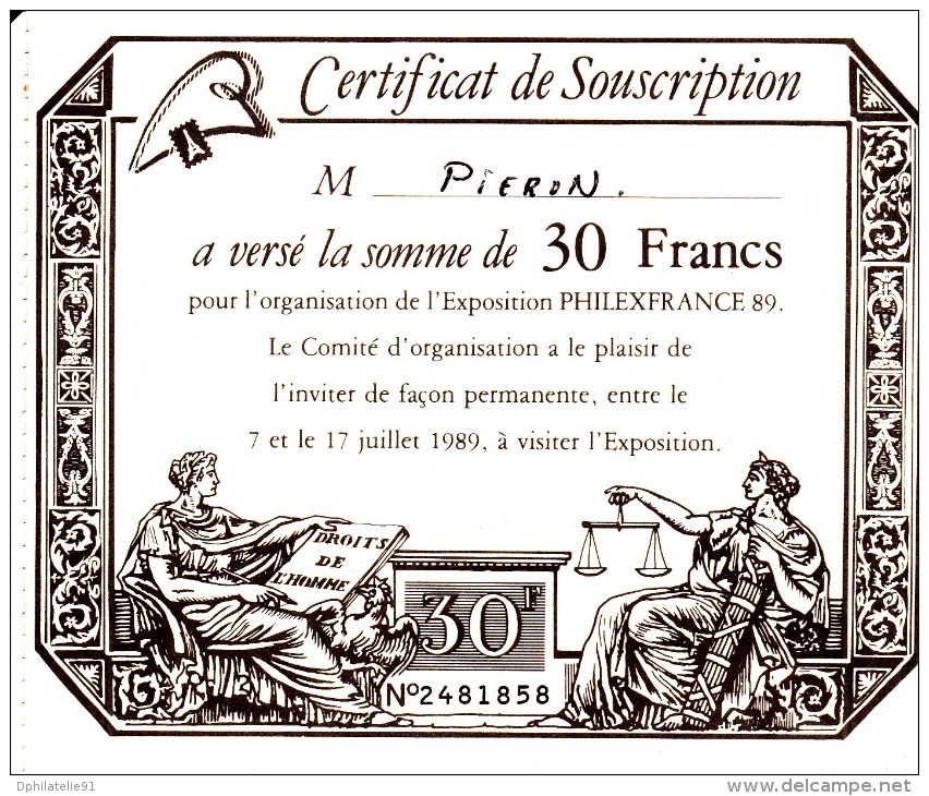 Certificat De Souscription Pour L&acute;Exposition PHILEXFRANCE 1989 - Andere & Zonder Classificatie