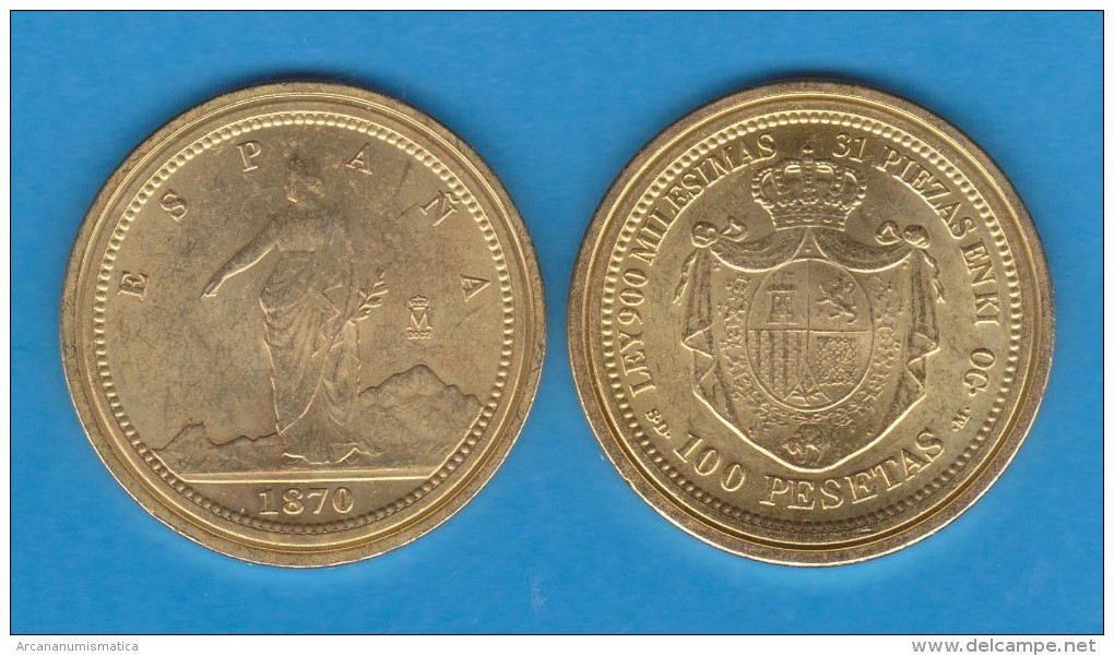 Rm-99 Gobierno Provisional 100 Psts. 1.870 Oro Madrid SC/UNC Réplica T-DL-10.860 - Prove & Monete Ribattute