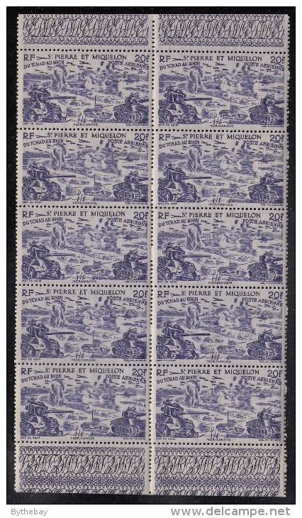 St Pierre Et Miquelon 1946 MH Sc C12 Block Of 10 20fr Chad To Rhine Issue Variety - Blocs-feuillets