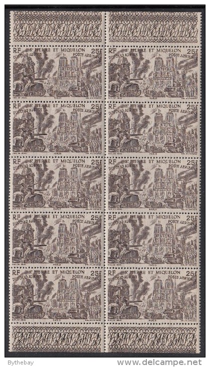 St Pierre Et Miquelon 1946 MH Sc C13 Block Of 10 25fr Chad To Rhine Issue Variety - Blocs-feuillets