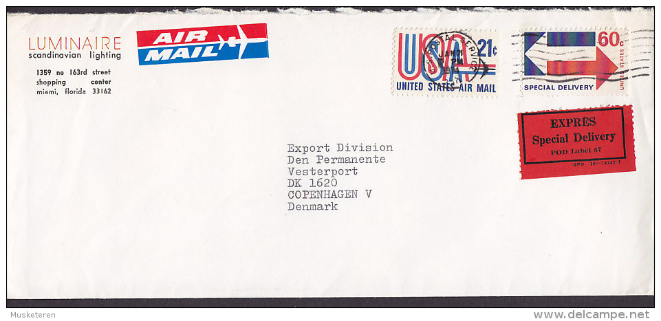 United States LUMINAIRE Scandinavian Lighting Airmail & EXPRESS Special Delivery Labels 1974 Cover To Denmark (2 Scans) - Special Delivery, Registration & Certified