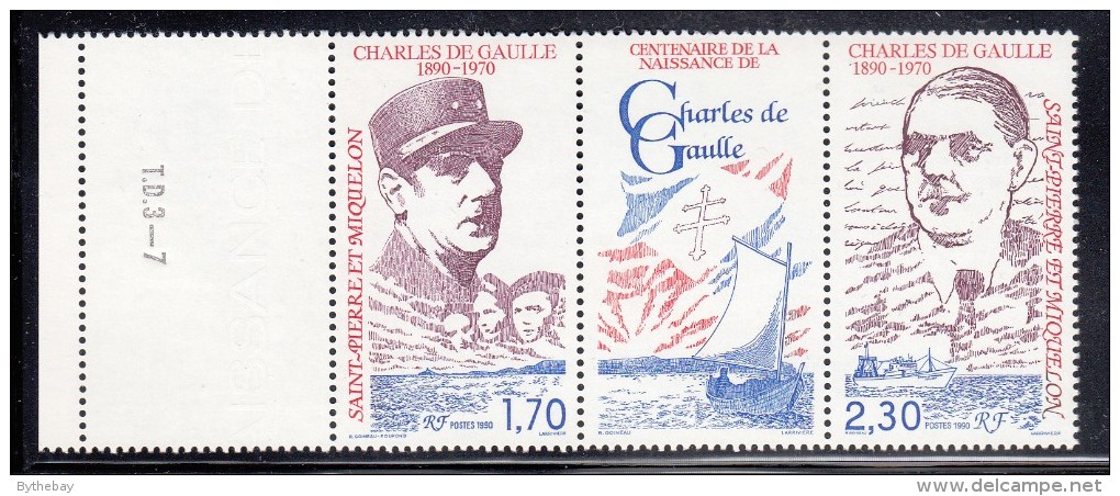St Pierre Et Miquelon 1990 MNH Sc 548a Margin Pair With Centre Label Charles De Gaulle 1890-1970 - Neufs
