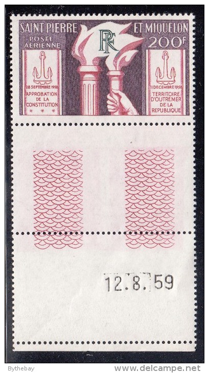 St Pierre Et Miquelon 1959 MNH Sc C23 Margin Copy 200fr Anchors, Torches - Constitution Approval, Vote For France - Unused Stamps