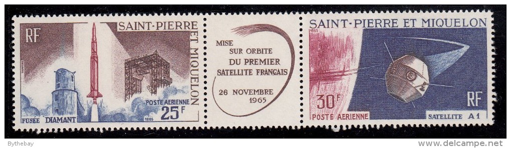 St Pierre Et Miquelon 1966 MNH Sc C31a Pair With Centre Label French Satellite A-1 - Unused Stamps